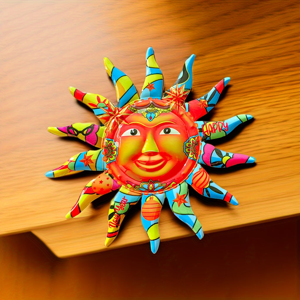 2024 Grote Feliz Ano Novo Sol Rosto Arte de Parede de Ferro - Decoração Exterior e Interior, Design Circular, Decoração de Pátio, Presente Eid Al-Adha Mubarak - Durável, Resistente ao Tempo, Fácil de Pendurar