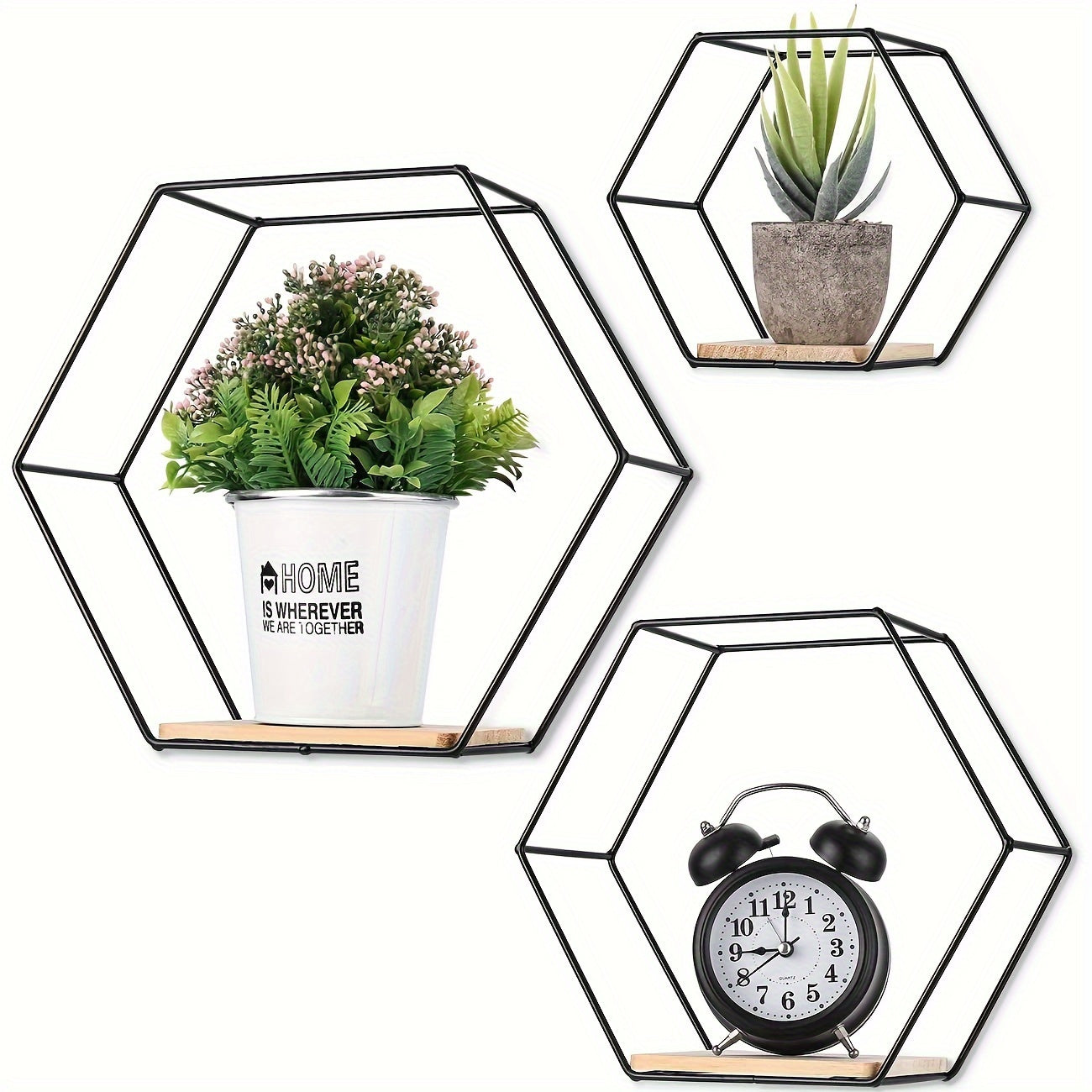 HexaDisplay - Set van 3 Vintage Zeshoekige Zwevende Planken met Massief Houten Basis