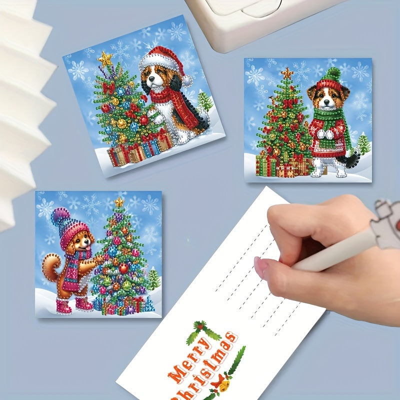 Confezione da 6 di Biglietti di Auguri con Diamante - Design di Cagnolino di Neve e Albero di Natale