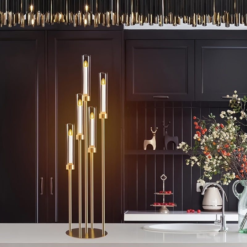 Castiçal dourado em metal e acrílico - decoração de mesa elegante de 5 braços para casamentos e festas