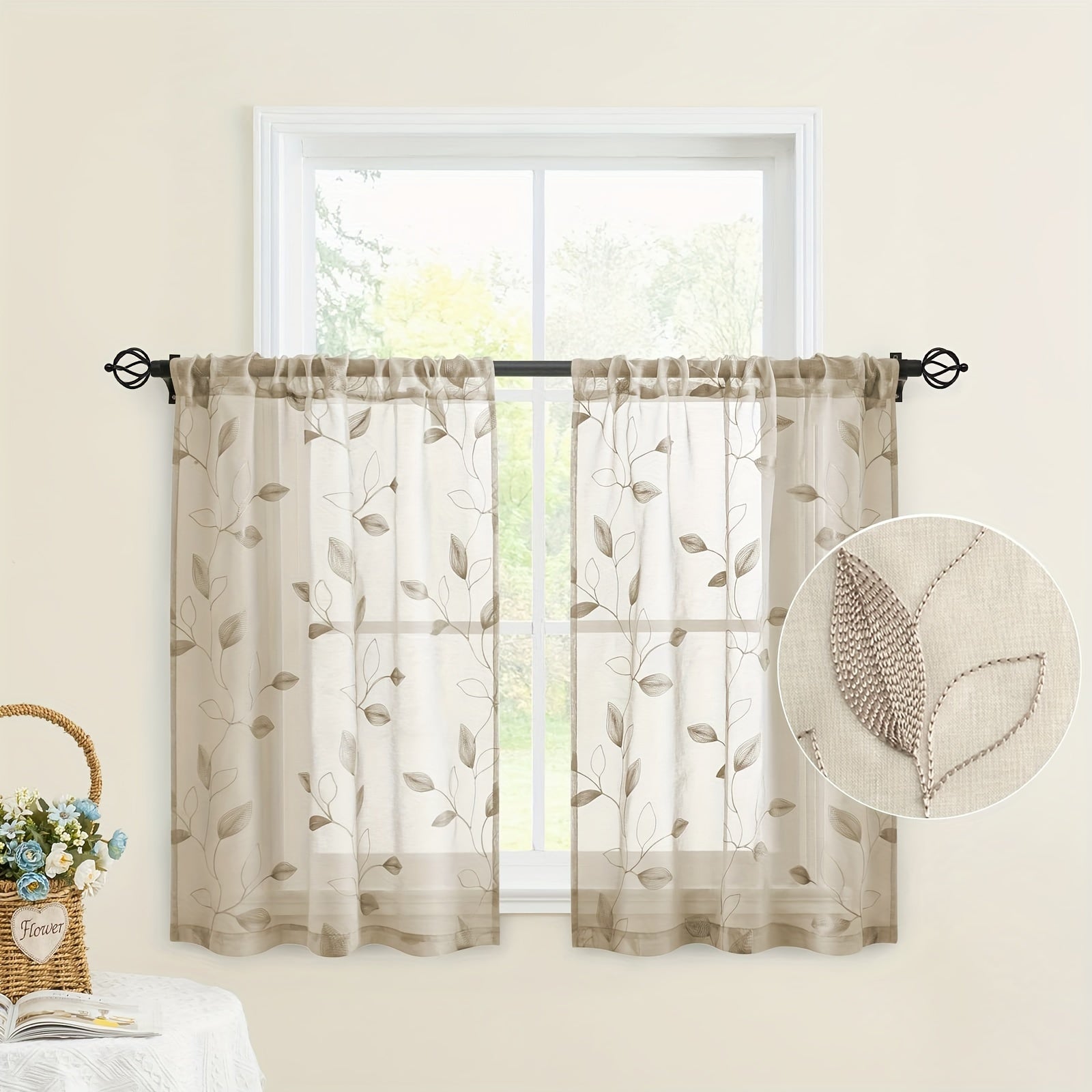 Embroidered Curtains with Leaves - 2 Pieces Semi-transparent for Bedroom and Living Room