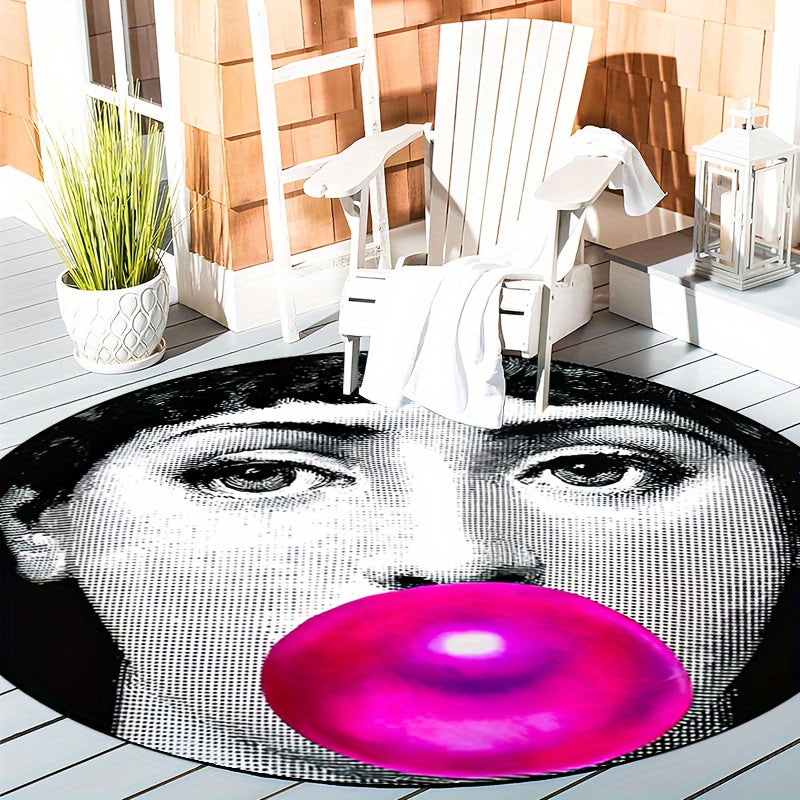 Tappeto Rotondo Donna che Soffia Bolle - Antiscivolo, Lavabile, Morbido Tappeto in Poliestere per Soggiorno, Camera da Letto, Ingresso, Patio e Giardino
