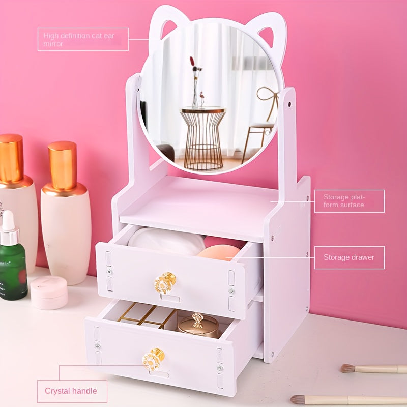 Espejo de maquillaje con cajón – giratorio 360°, caja organizadora de cosméticos con espejo, diseño de orejas de gato