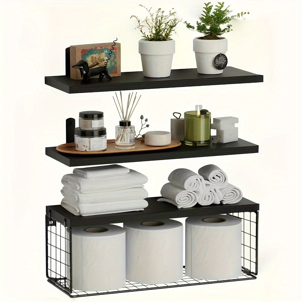 RusticWood - Wooden Floating Wall Shelf Set with Storage Basket