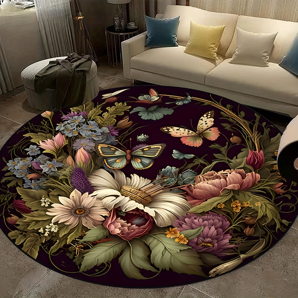 Alfombra Redonda Floral Mariposa Oscura - Antideslizante, Lavable, Suave y Cómoda Alfombra de Poliéster para Sala, Dormitorio, Oficina y Habitación Infantil