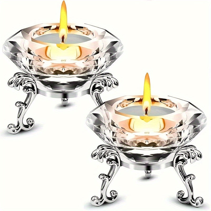 set di 2 candelabri in cristallo trasparente - stile europeo, candelabro romantico a forma di diamante con supporto triangolare in metallo