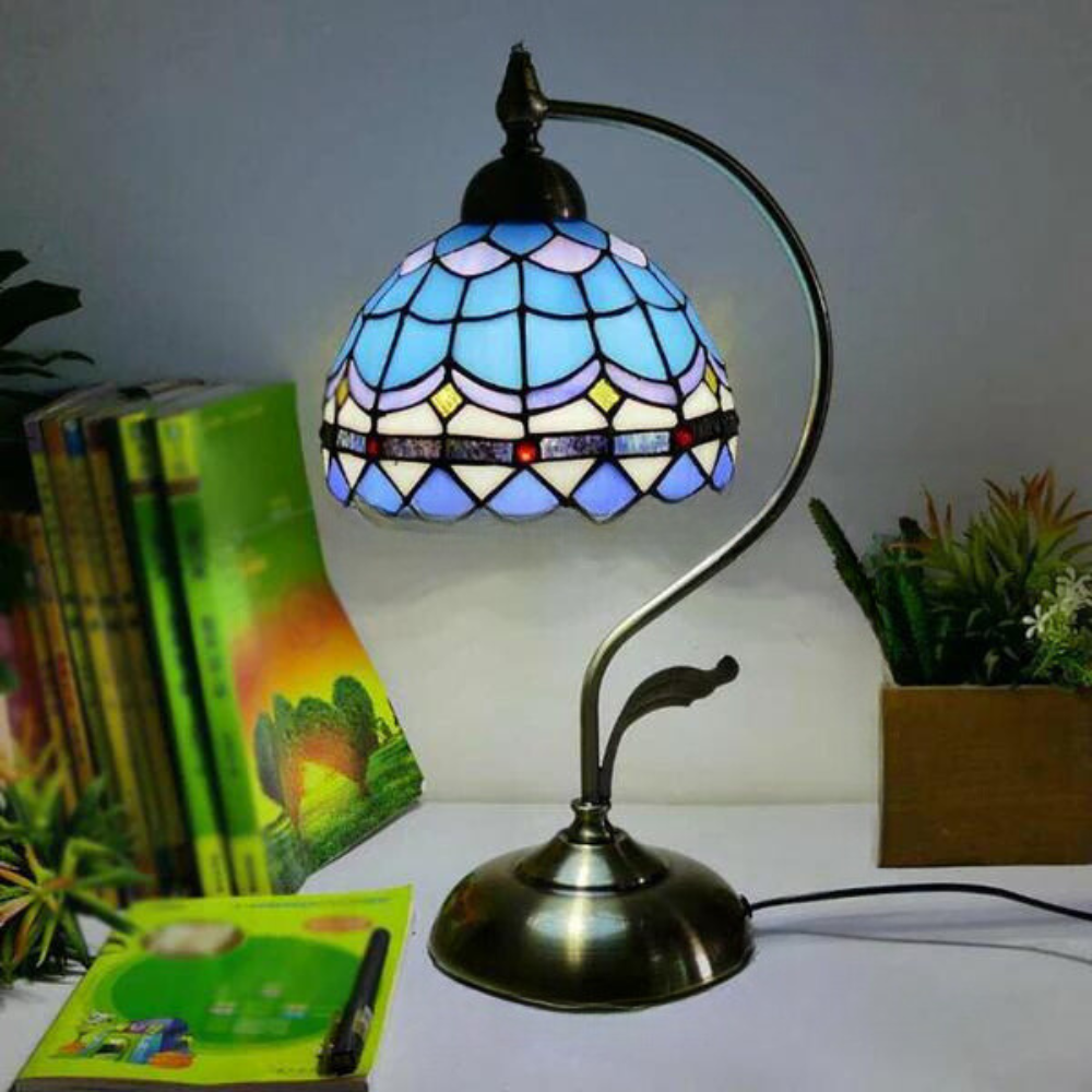 Tiffany Gooseneck Table Lamp - Metal Nightstand Lamp with Hand-Carved Glass Shade