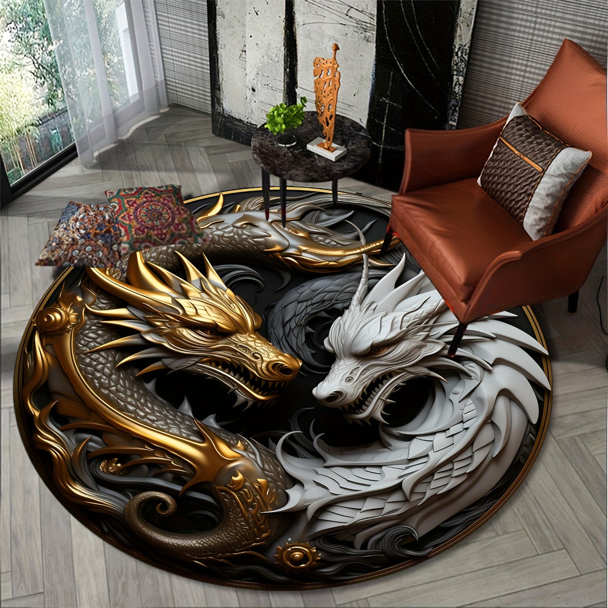 1pc Tappeto Elemento Drago - Tappeto Lounge Antiscivolo, Tappeto Rotondo Decorativo