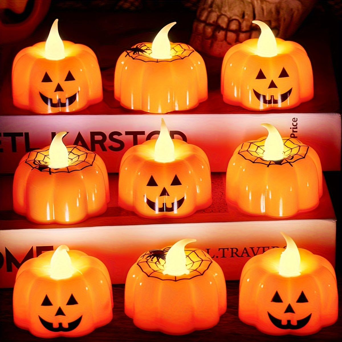 Candele LED di Halloween a zucca – 2 pezzi, 9,14 cm design Jack-o'-Lantern, con batterie