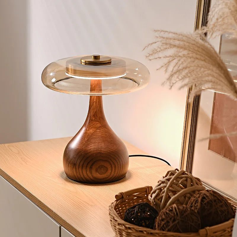 MushroomLuxe – Vintage Koperen Tafellamp met Glazen Design