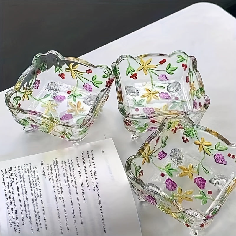 Taça de Vidro - Fruteira de Vidro Feita à Mão com Desenho de Flores