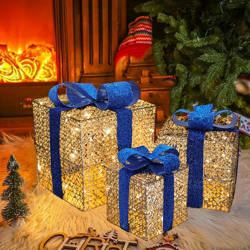 GlowGifts - Set di 3 Scatole Regalo di Natale Illuminati con Fiocchi
