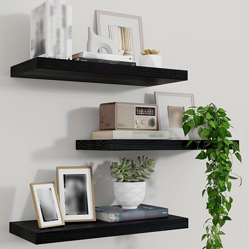 RusticShelf - Conjunto de 3 Prateleiras Flutuantes - Estantes de Madeira em Preto