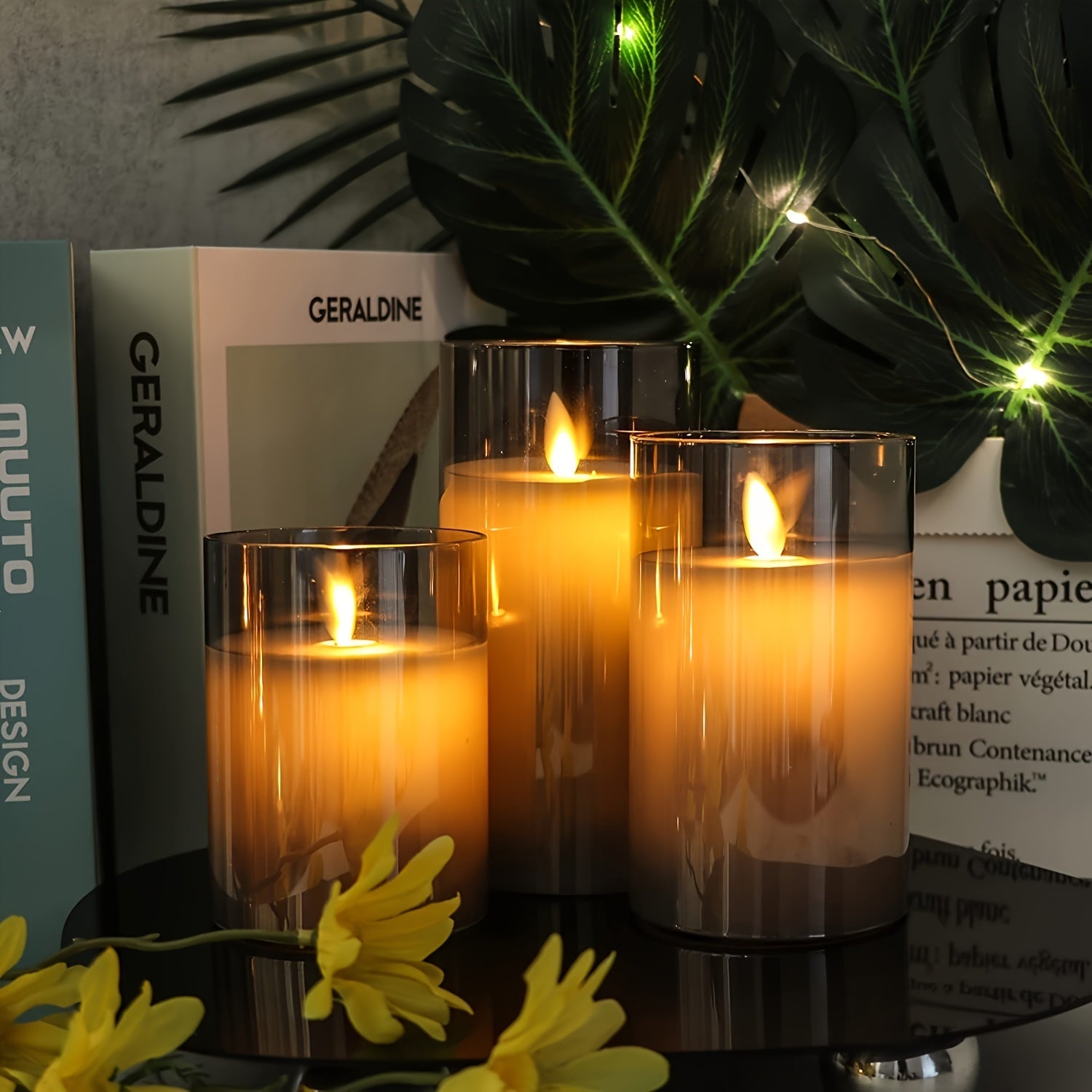Conjunto de 3 Velas LED Sem Fogo, Velas de Pilha com Chama Tremeluzente, Velas Coluna de Cera Real com Chama Móvel, Velas Elétricas Cinza com Efeito Vidro e Controlo Remoto com Temporizador, 10,16 cm, 12,7 cm, 15,24 cm, Embalagem Cinzenta 3 unidades