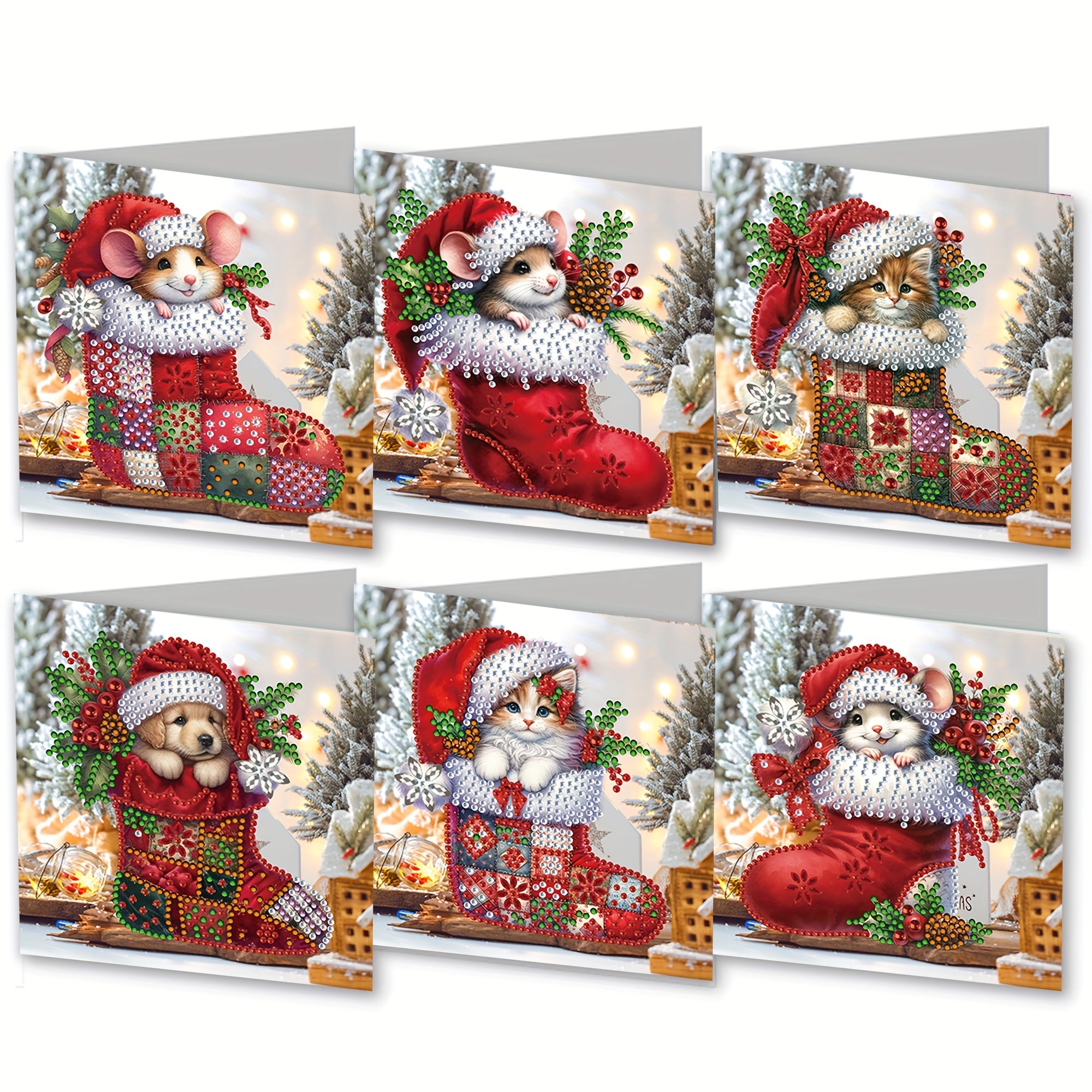 Set di 6 Biglietti d'Auguri per Diamond Painting - Design di Natale con Cucciolo, Topo e Gattino