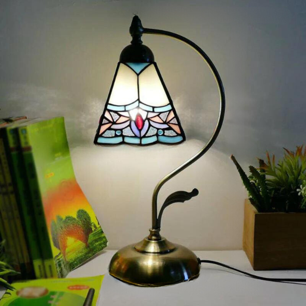 Tiffany Gooseneck Table Lamp - Metal Nightstand Lamp with Hand-Carved Glass Shade