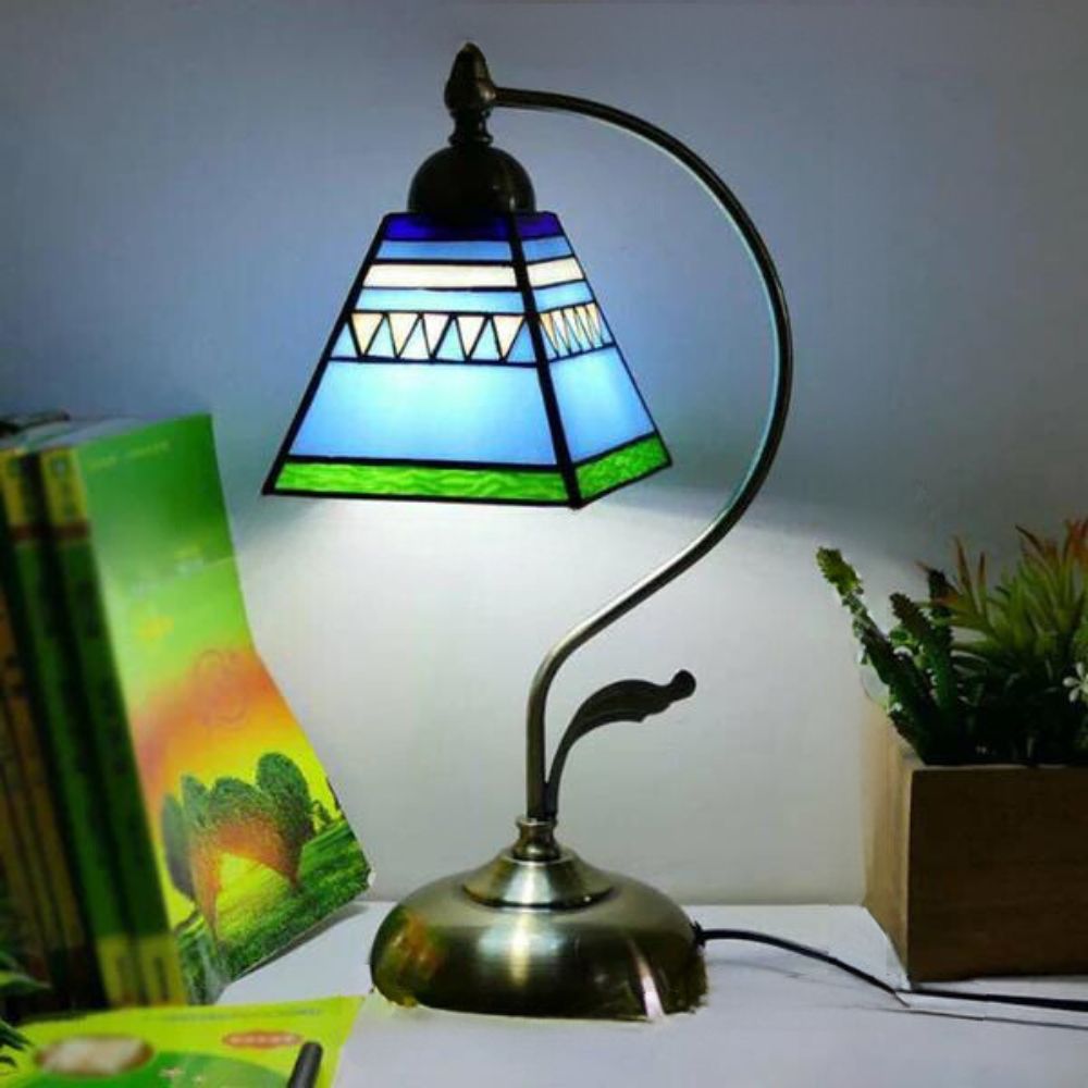Tiffany Gooseneck Table Lamp - Metal Nightstand Lamp with Hand-Carved Glass Shade