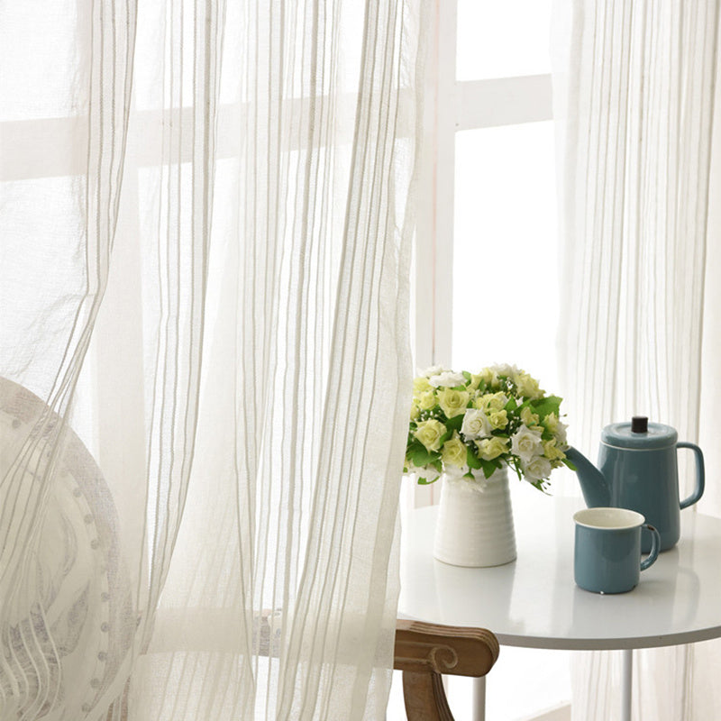 1 Piece White Striped Transparent Curtains for Living Room - Soft Voile, Decorative, Light-Transmitting