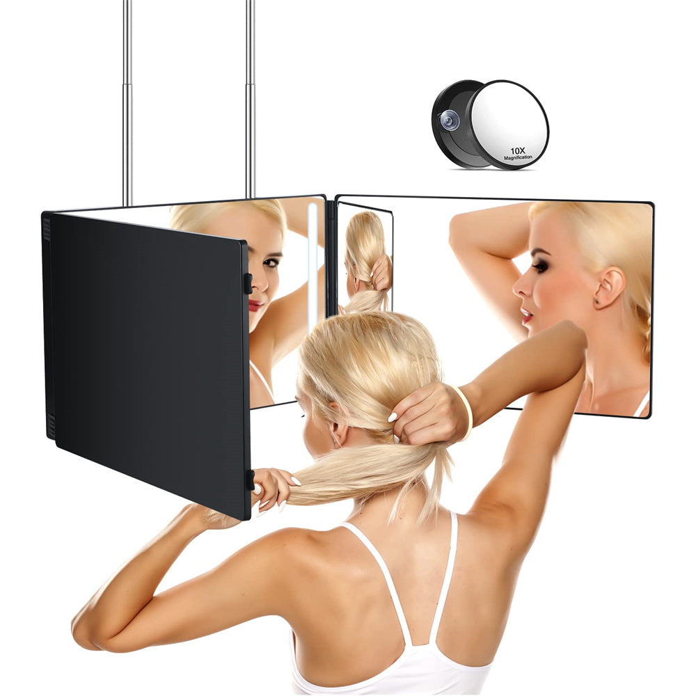 Specchio LED a 3 vie per taglio capelli fai-da-te - Specchio per trucco e parrucchiere, vista a 360 gradi, a tre parti con illuminazione