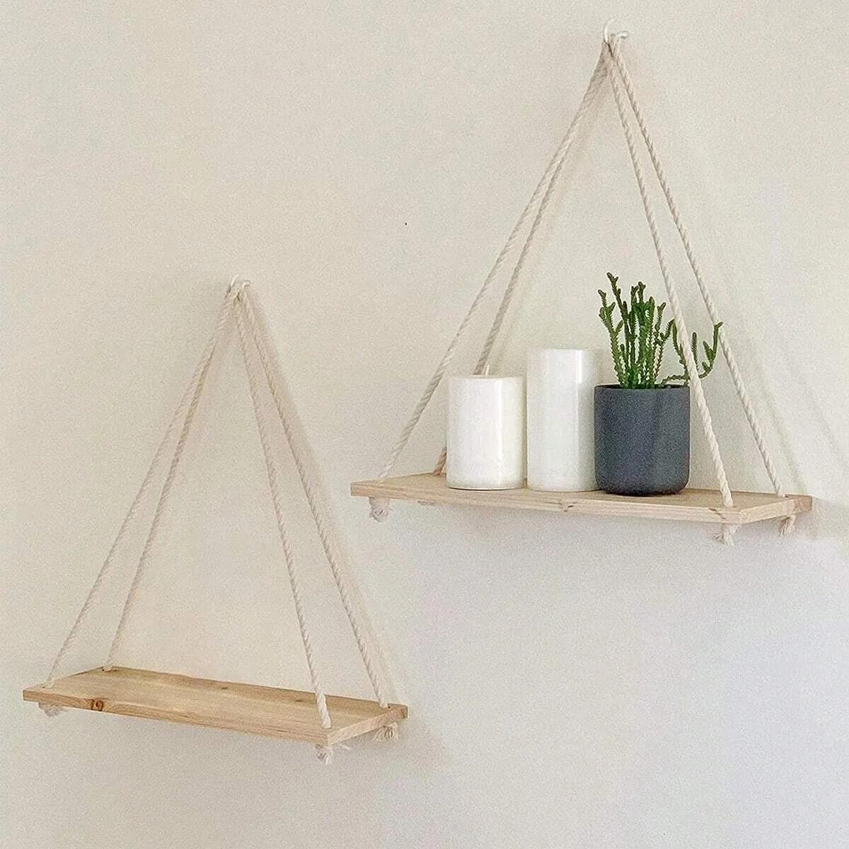 DecoShelf - Wooden Floating Shelf with Adjustable Hemp Rope - For Plants and Decoration
