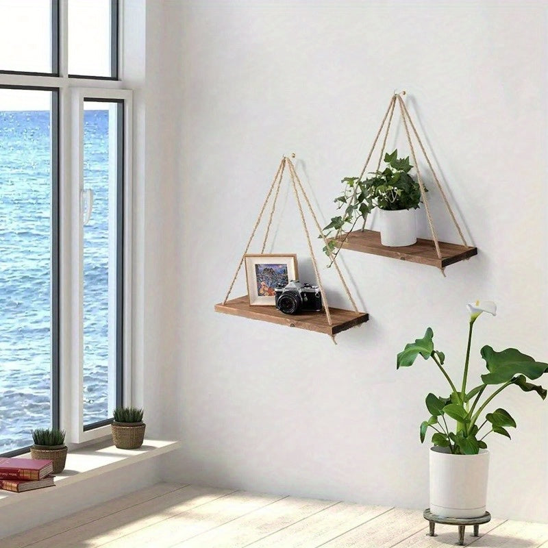 DecoShelf - Wooden Floating Shelf with Adjustable Hemp Rope - For Plants and Decoration