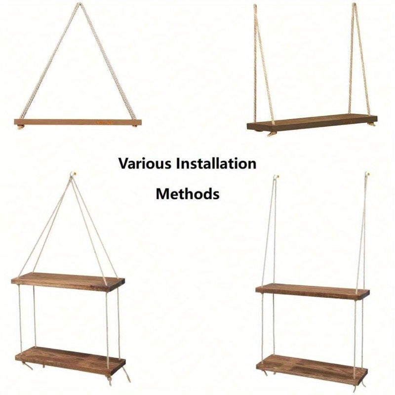 DecoShelf - Wooden Floating Shelf with Adjustable Hemp Rope - For Plants and Decoration