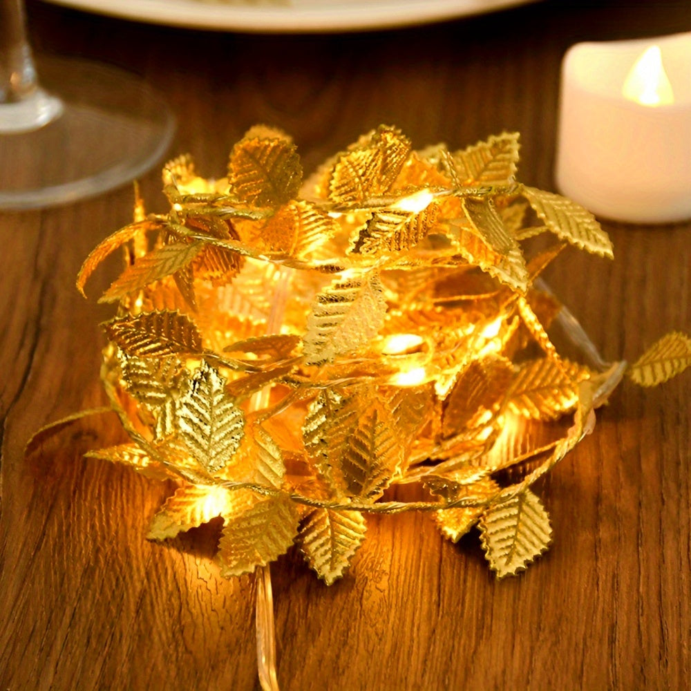FairyLicht - Catena Luminosa in Rattan a Forma di Foglia Dorata a Batteria