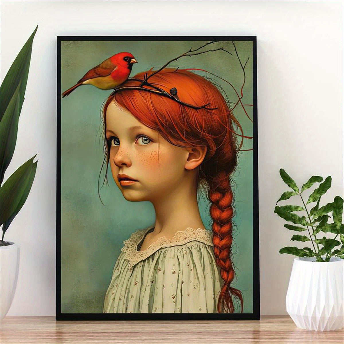 1-piece Art Deco Classic Modern Canvas Poster - Frameless Portrait of Girl and Cardinal, Wall Decoration for Home and Office Space
