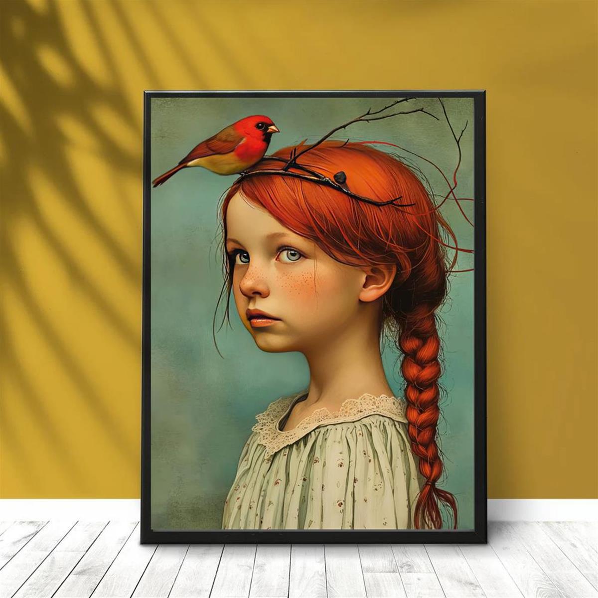 1-piece Art Deco Classic Modern Canvas Poster - Frameless Portrait of Girl and Cardinal, Wall Decoration for Home and Office Space