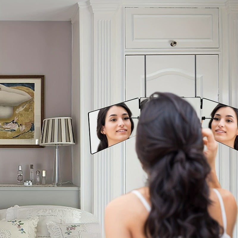 Espejo giratorio 360° de 3 lados con ajuste de altura y ganchos – Perfecto para peinados DIY y maquillaje, no necesita pilas