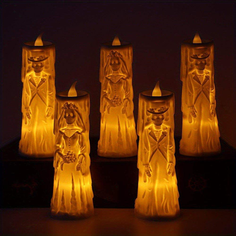Conjunto de Velas LED Assustadoras: Caveira Brilhante Noiva e Noivo - Perfeito para o Dia das Bruxas e Decoração Festiva