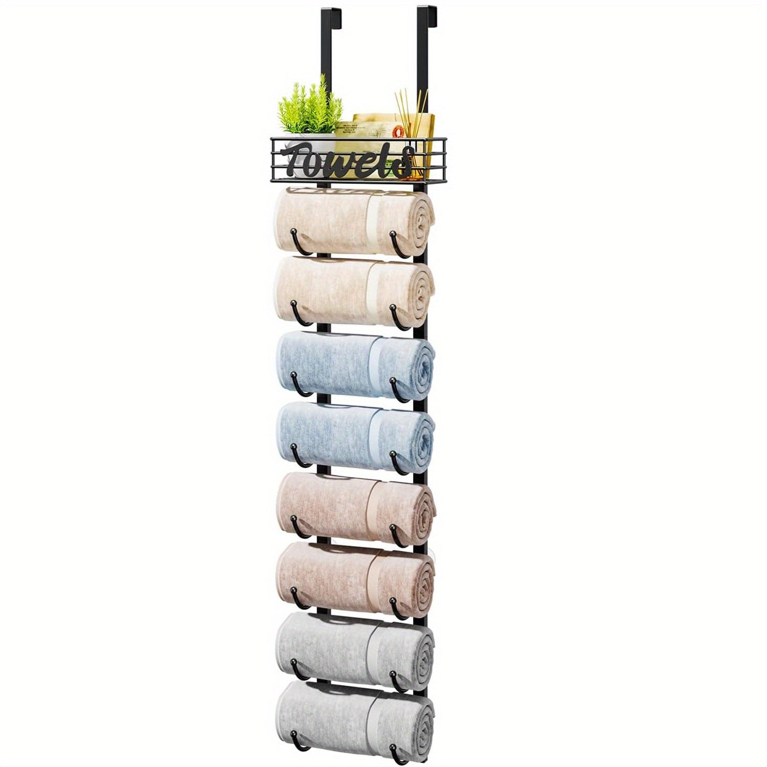 SpaceSaver - Black Metal Towel Rack for Door with Shelf for Bathroom