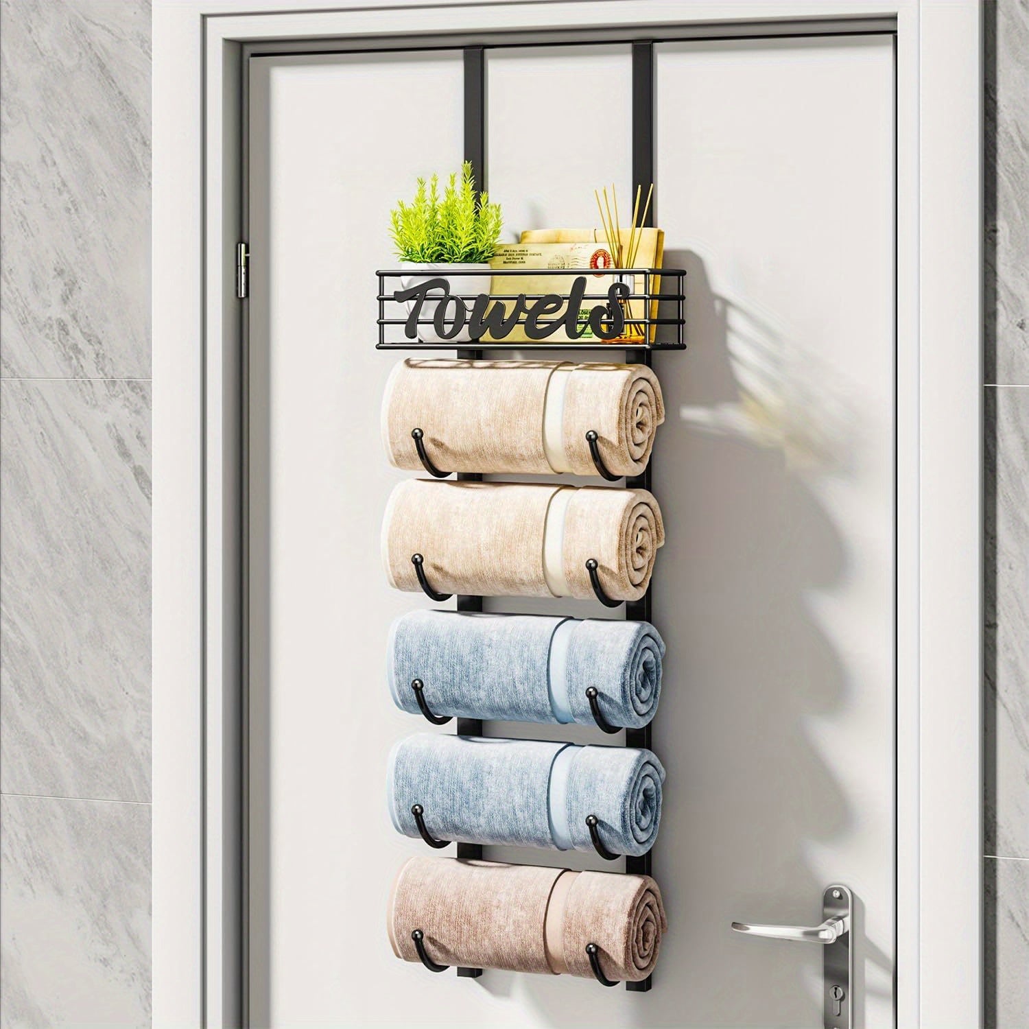 SpaceSaver - Black Metal Towel Rack for Door with Shelf for Bathroom
