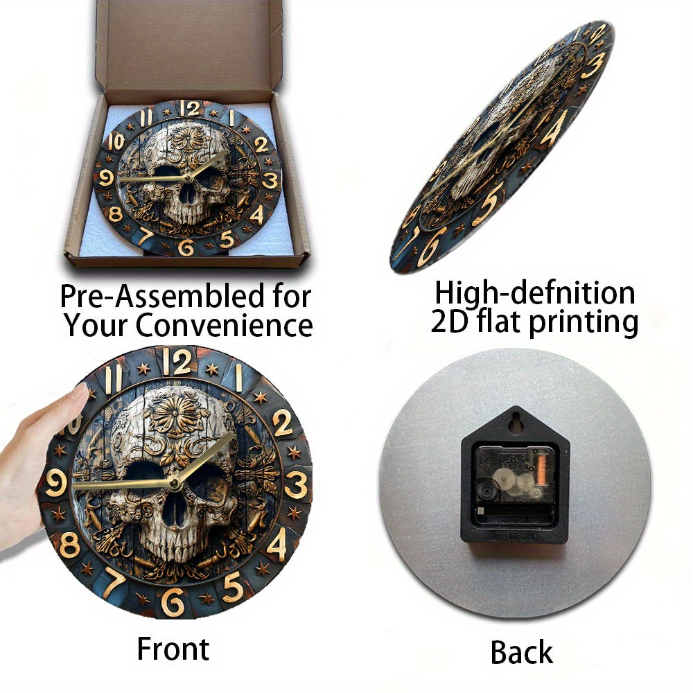SkullTime - Silent Aluminum Wall Clock with Decorative Skull Design (20 cm)