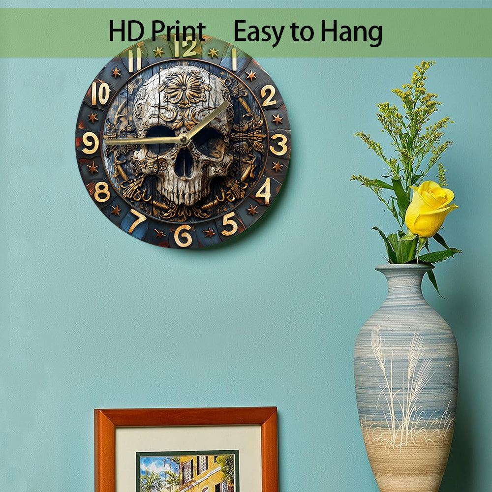 SkullTime - Silent Aluminum Wall Clock with Decorative Skull Design (20 cm)