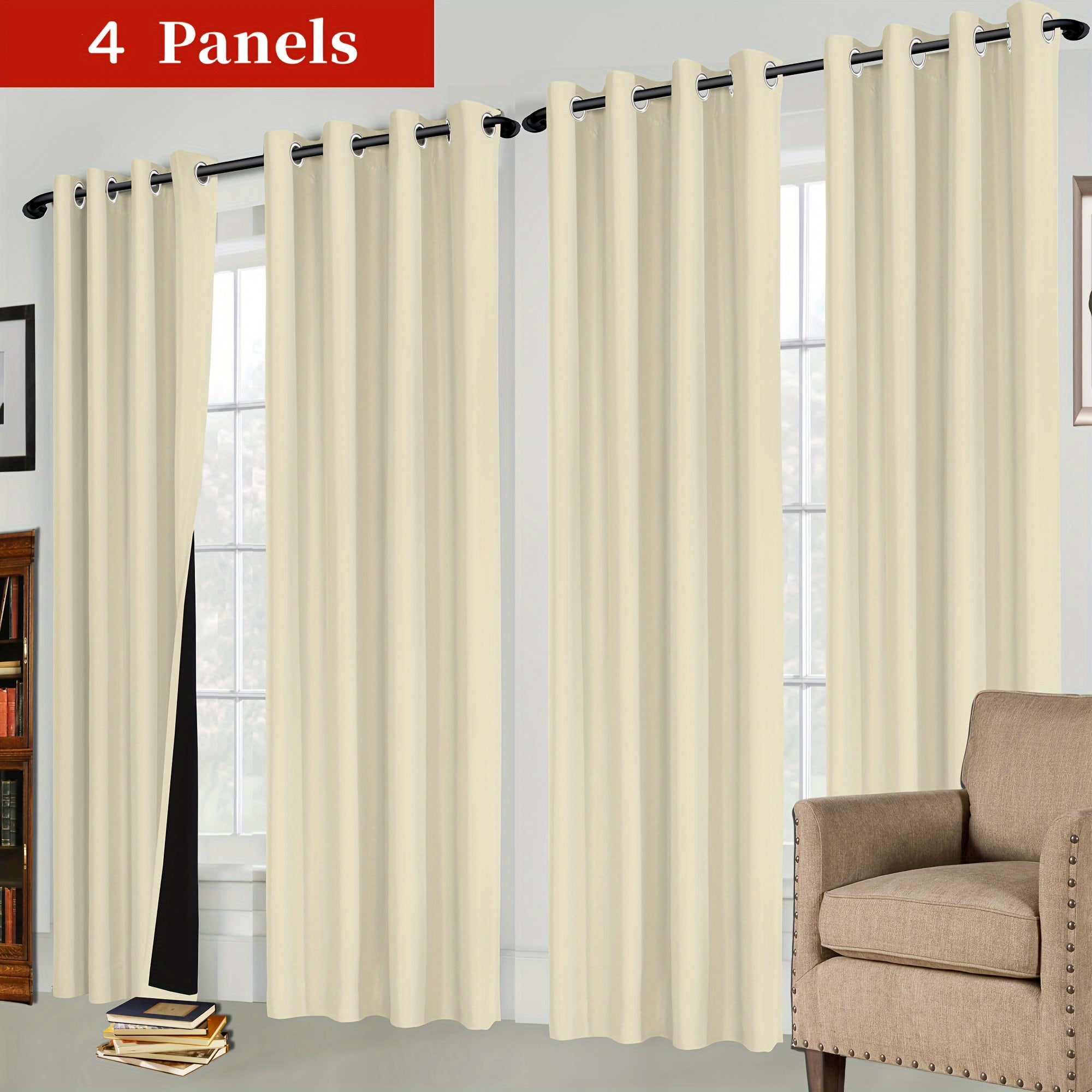 4-piece Set of Blackout Curtains with Rings - Heat Insulating, Privacy Protection