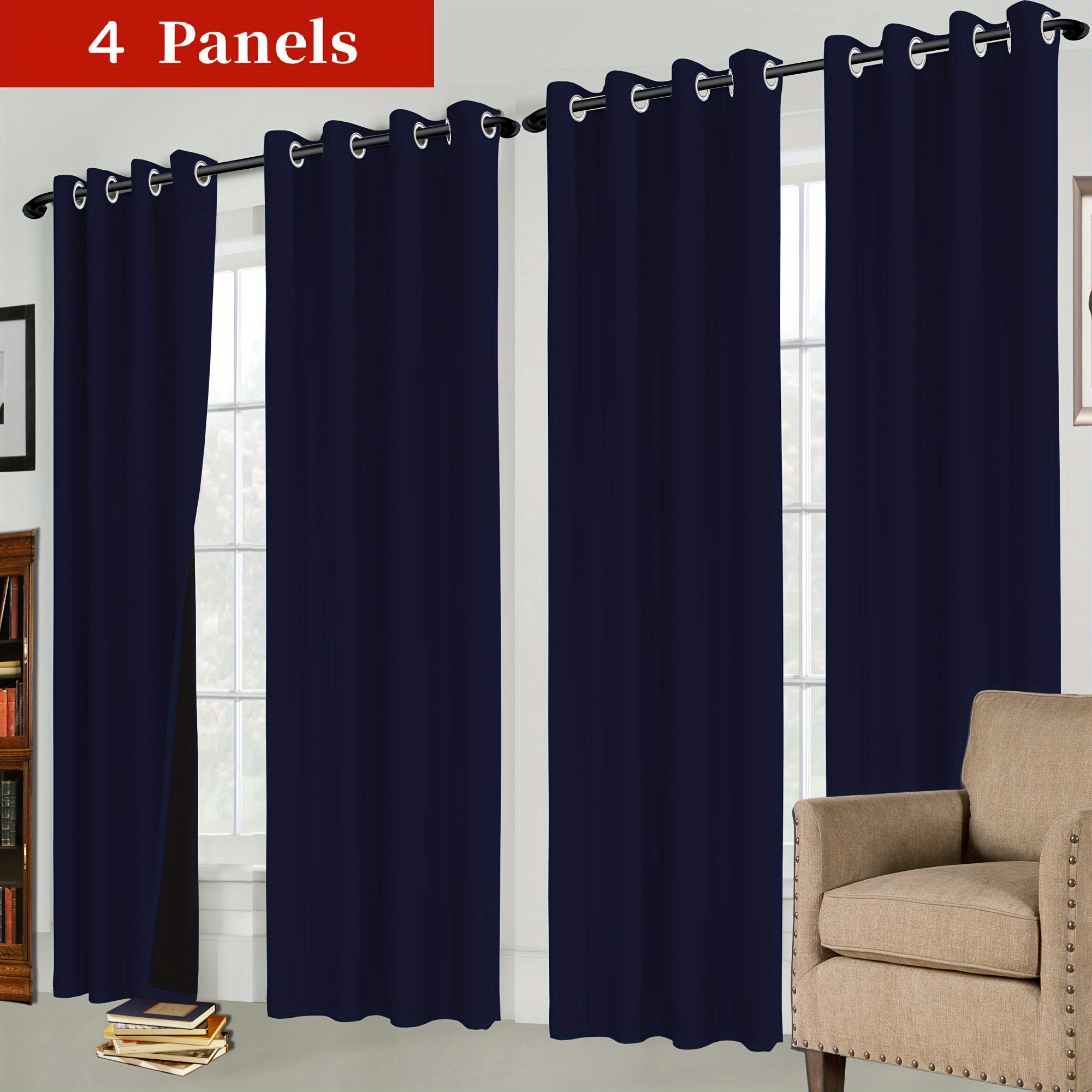4-piece Set of Blackout Curtains with Rings - Heat Insulating, Privacy Protection
