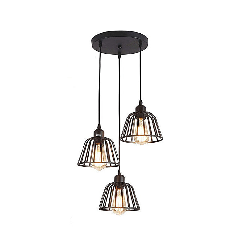 Lampadario Retro in Stile Industriale a LED in Piccola Gabbia di Ferro Nera 1/3-Lights