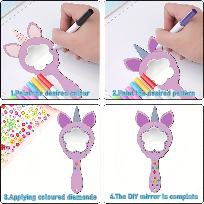 12 Piezas Espejos de Madera DIY Unicornio - Grafiti Pintado a Mano, Decoración de Pared sin Batería