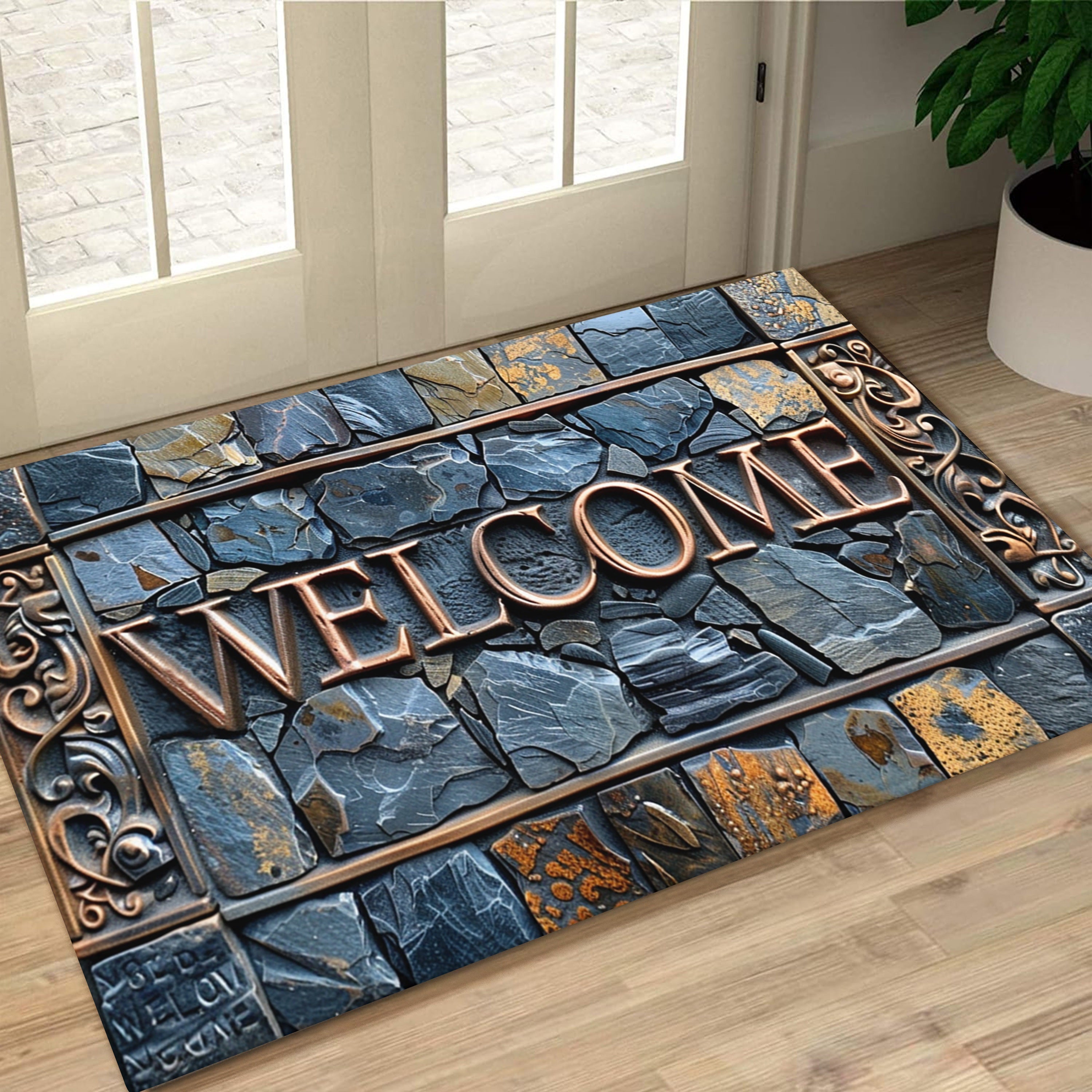 Welcome 3D Tappeto di Pietra – Antiscivolo, Impermeabile e Lavabile – Per Interni ed Esterni