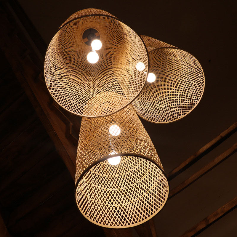 Lustre Suspenso Elegante em Bambu - Candeeiro de Madeira Asiático de 2 Lâmpadas para Sala de Estar