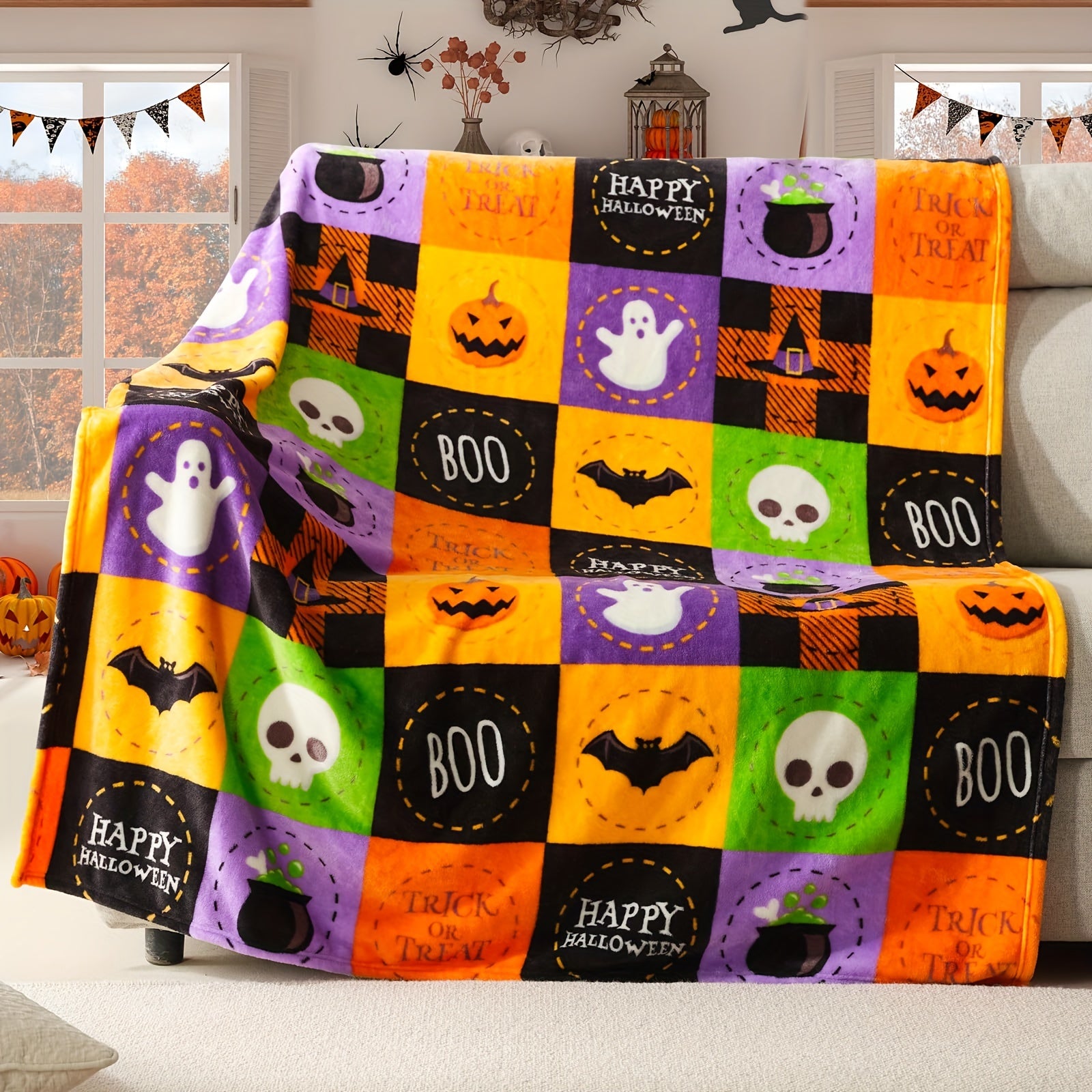 Manta de Pano de Lã às Quadrículas para o Halloween - Manta Suave e Luxuosa de Flanela para Sofá ou Cama