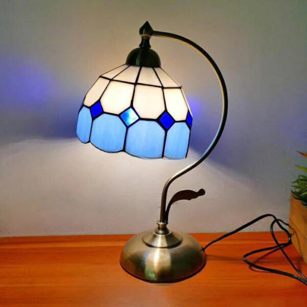 Tiffany Gooseneck Table Lamp - Metal Nightstand Lamp with Hand-Carved Glass Shade