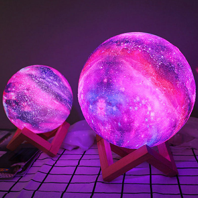 Lámpara nocturna esférica Galaxy púrpura - Lámpara de mesa LED con base de madera para niños