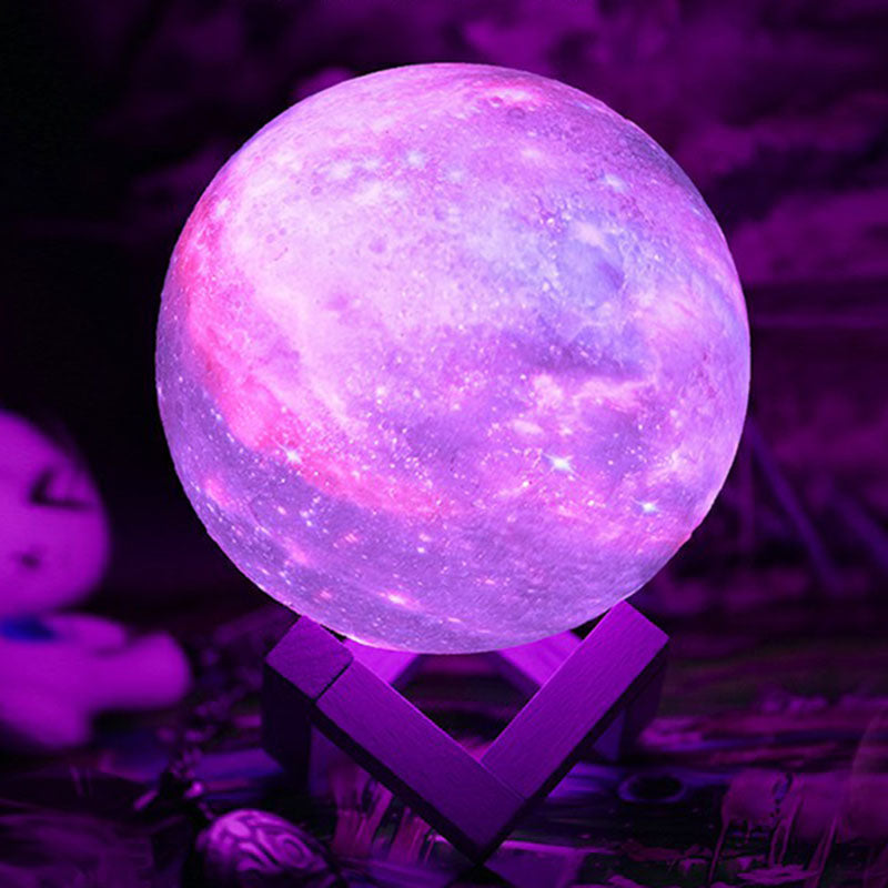 Lámpara nocturna esférica Galaxy púrpura - Lámpara de mesa LED con base de madera para niños