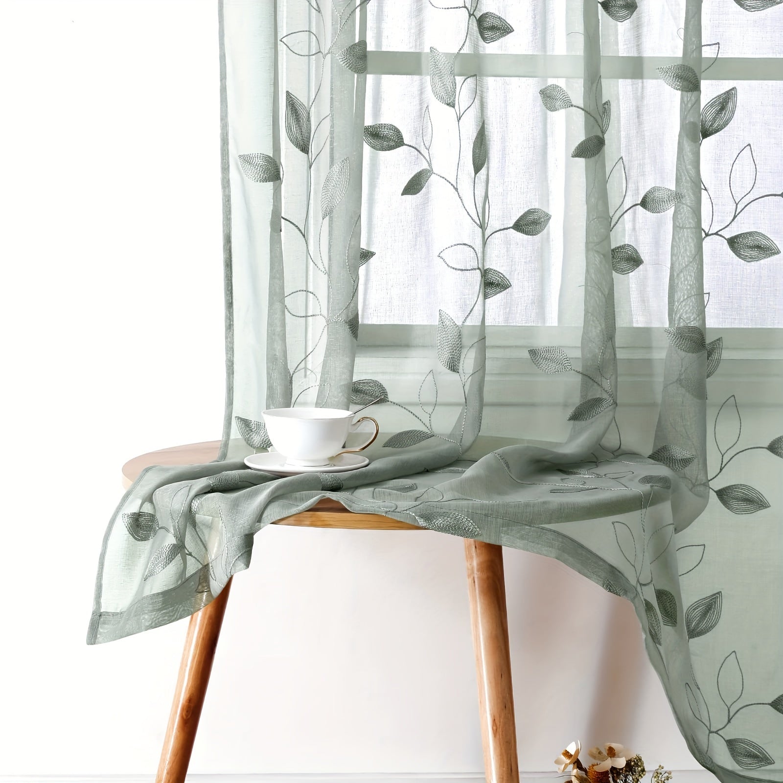 Embroidered Curtains with Leaves - 2 Pieces Semi-transparent for Bedroom and Living Room
