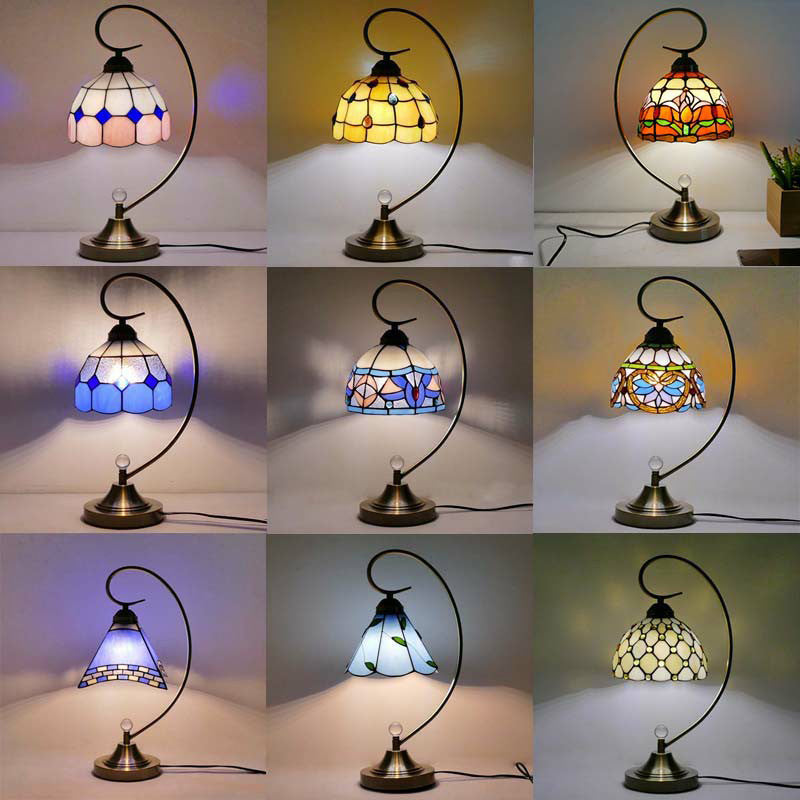 Tiffany Gooseneck Table Lamp - Metal Nightstand Lamp with Hand-Carved Glass Shade