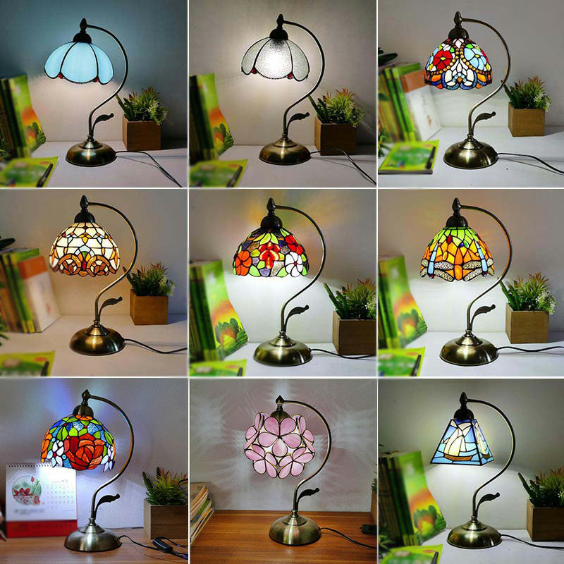 Tiffany Gooseneck Table Lamp - Metal Nightstand Lamp with Hand-Carved Glass Shade