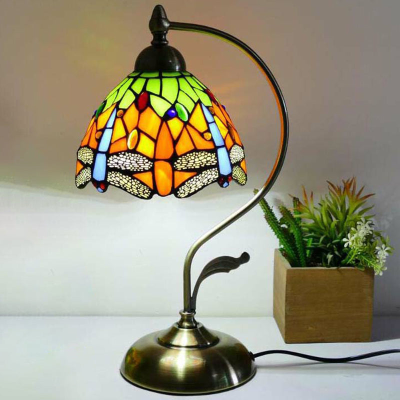 Tiffany Gooseneck Table Lamp - Metal Nightstand Lamp with Hand-Carved Glass Shade