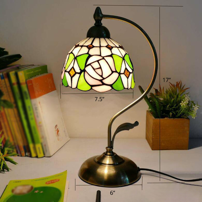 Tiffany Gooseneck Table Lamp - Metal Nightstand Lamp with Hand-Carved Glass Shade